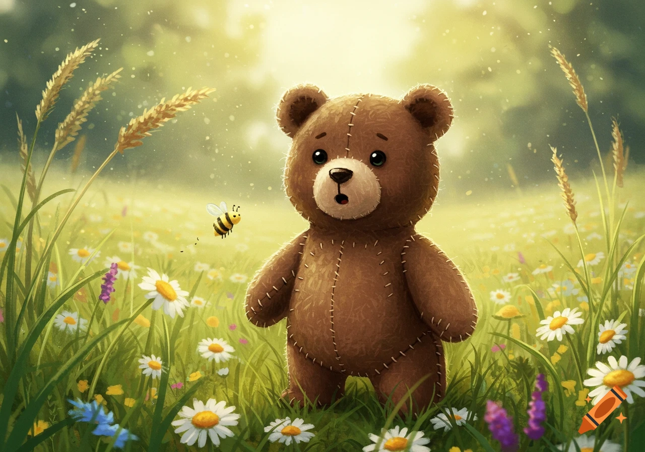 A cute felt teddy bear stands in a sunny, vibrant green field with white and purple flowers, looking at a bee.
