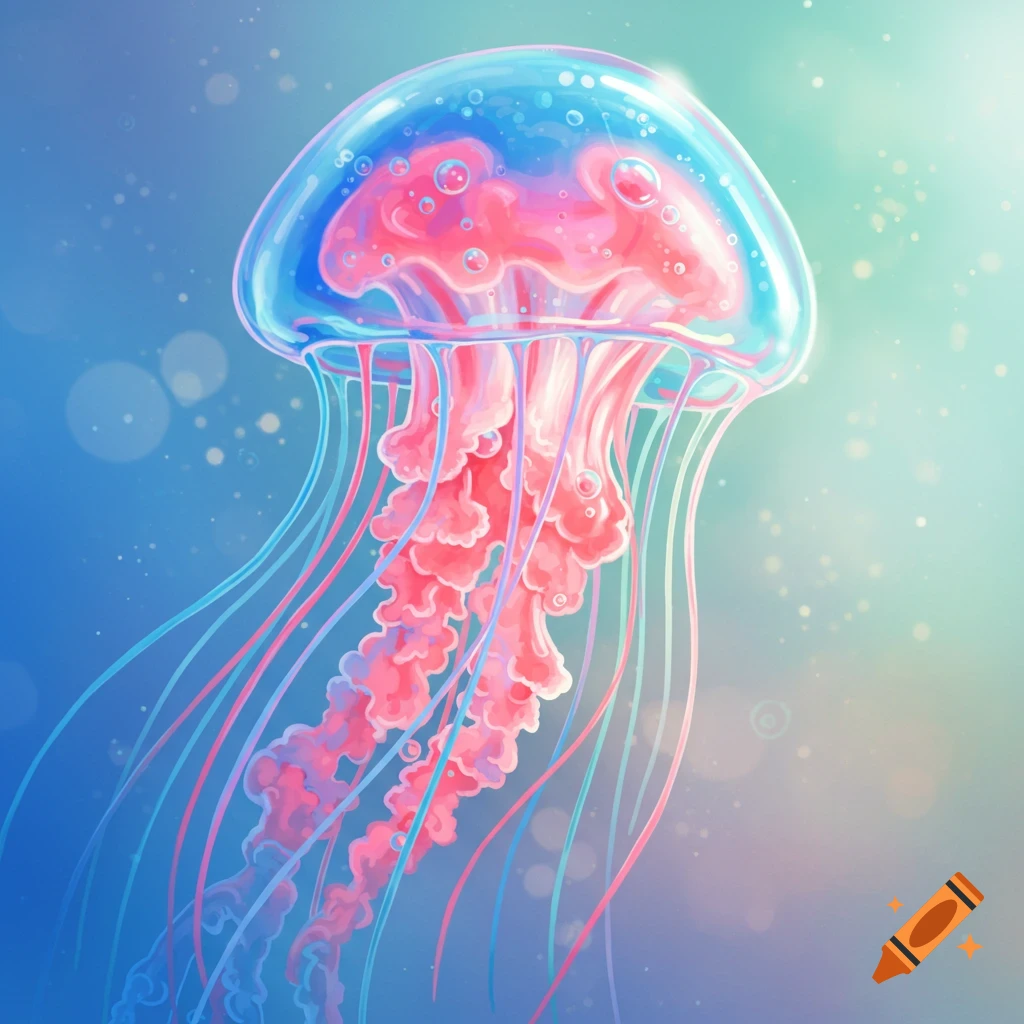 A vibrant, translucent jellyfish with pink and blue tentacles floats in clear blue water, bathed in light.