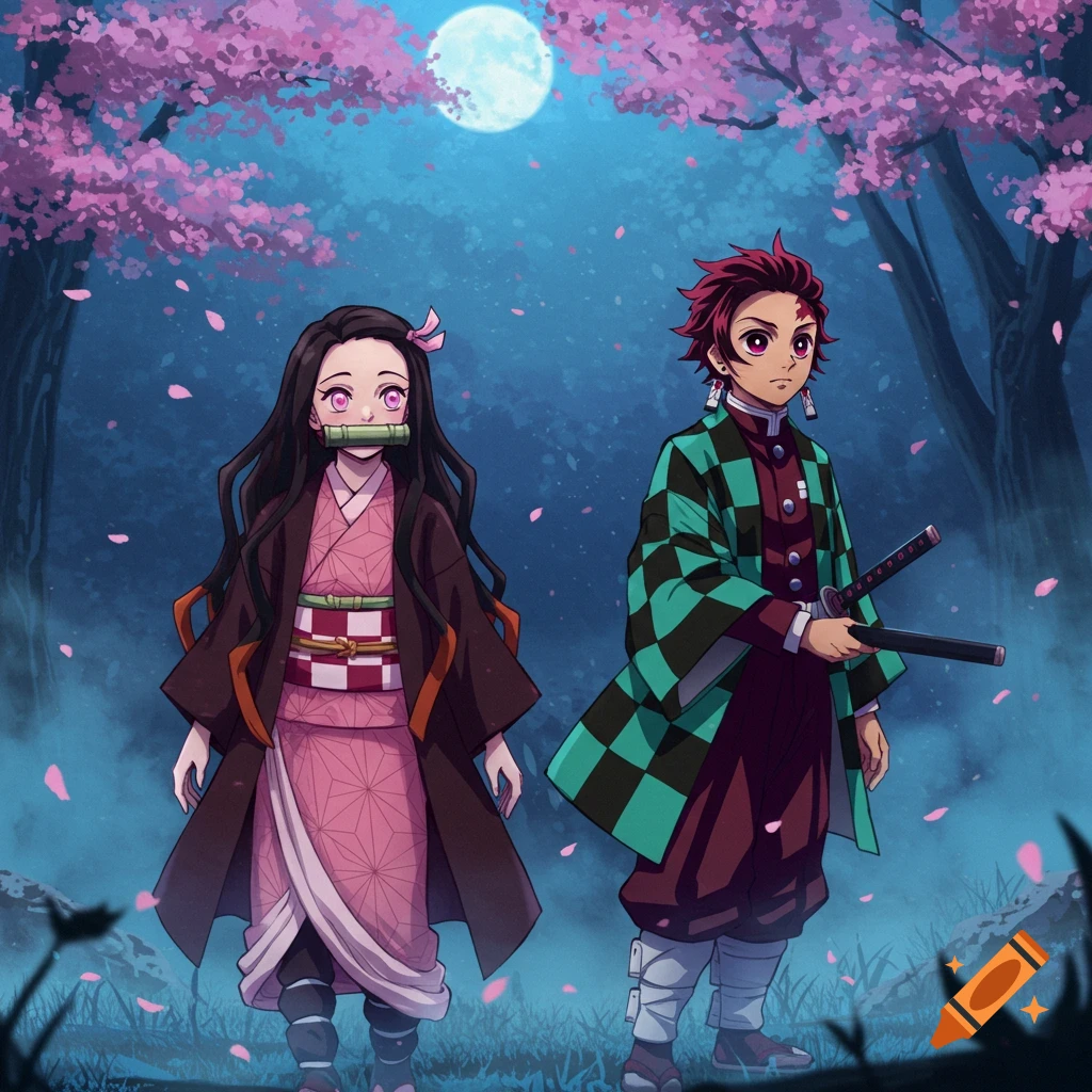 Anime illustration of Nezuko and Tanjiro standing under a cherry blossom tree at night with a full moon.