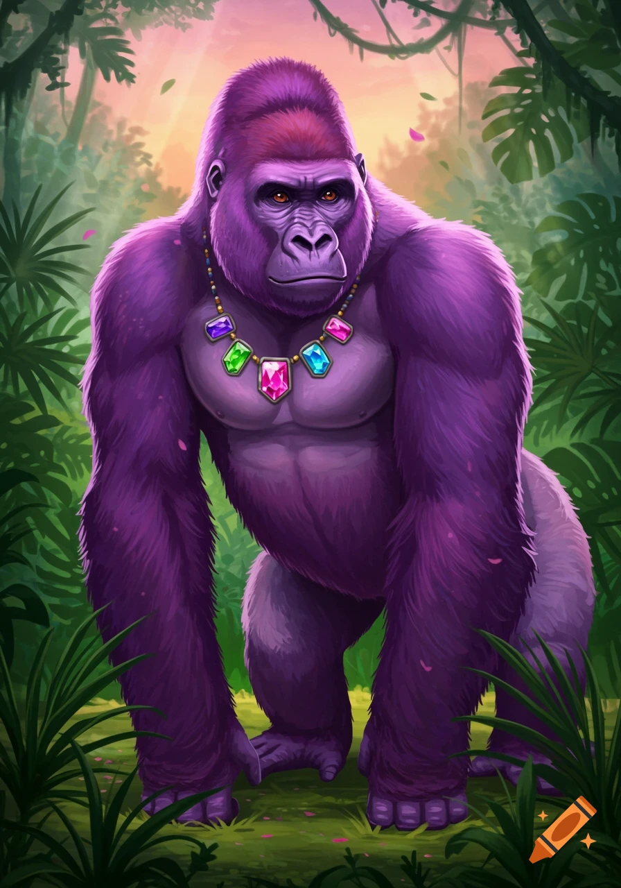 A purple gorilla wearing a colorful gemstone necklace stands in a lush green jungle. Stylized illustration.