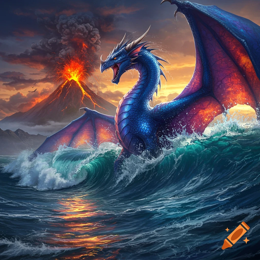 A majestic blue dragon with large wings rises from turbulent ocean waves as a volcano erupts in the background at sunset.