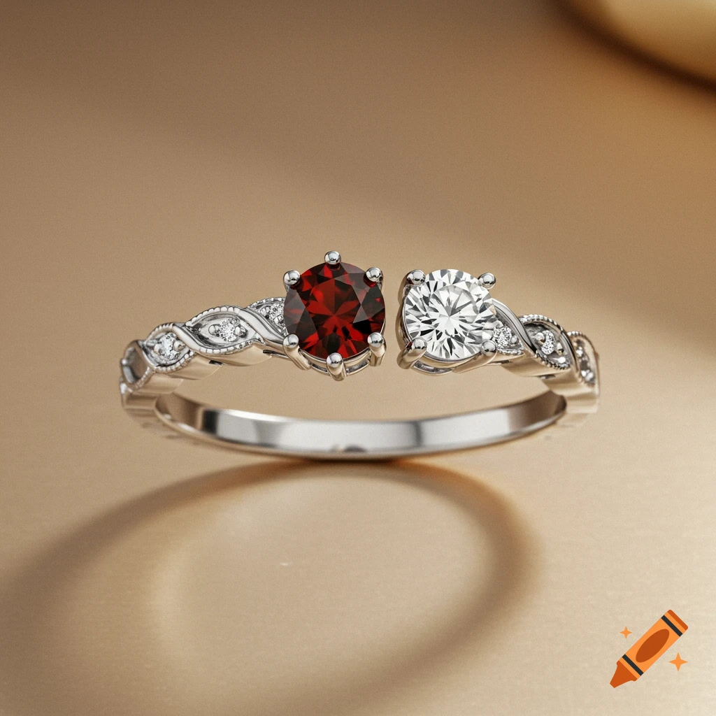 A silver ring featuring a round red garnet and a round clear diamond set side-by-side, resting on a reflective gold surface.
