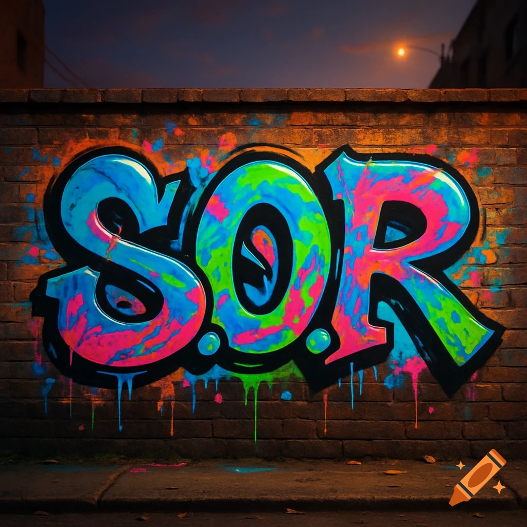 Colorful graffiti spelling 'S.O.R' on a dark brick wall at night, with paint drips and a blurred streetlamp.