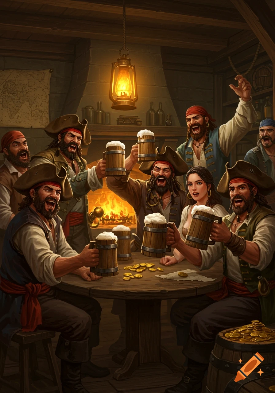A group of pirates, including a woman, celebrate in a dimly lit tavern, raising mugs of beer around a table with gold coins.