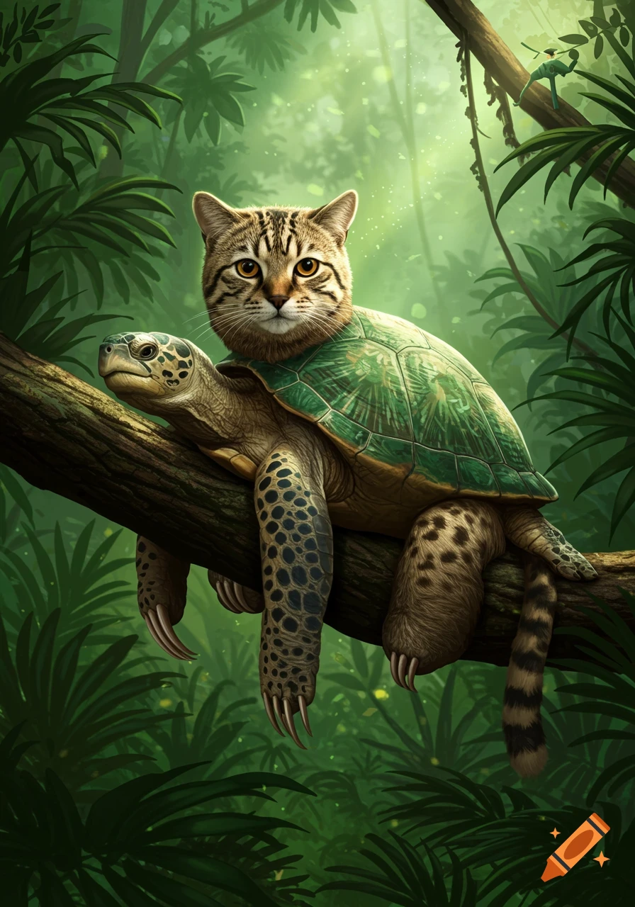 A fantastic hybrid creature with a cat's head, turtle shell, and feline/reptile limbs sits on a tree branch in a lush green jungle.
