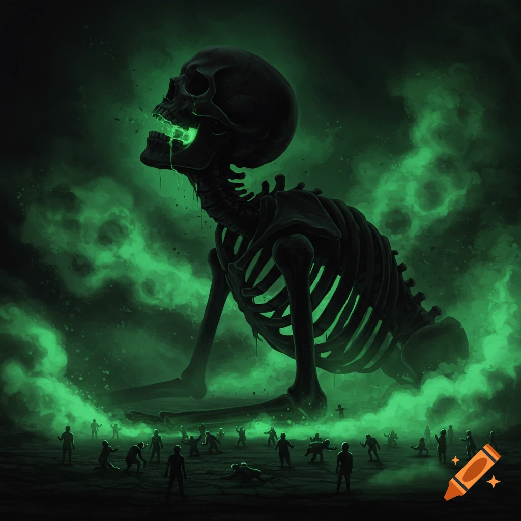 A massive black skeleton crawls, head back and mouth open, glowing green, amid green poisonous gas, with tiny people on the ground.
