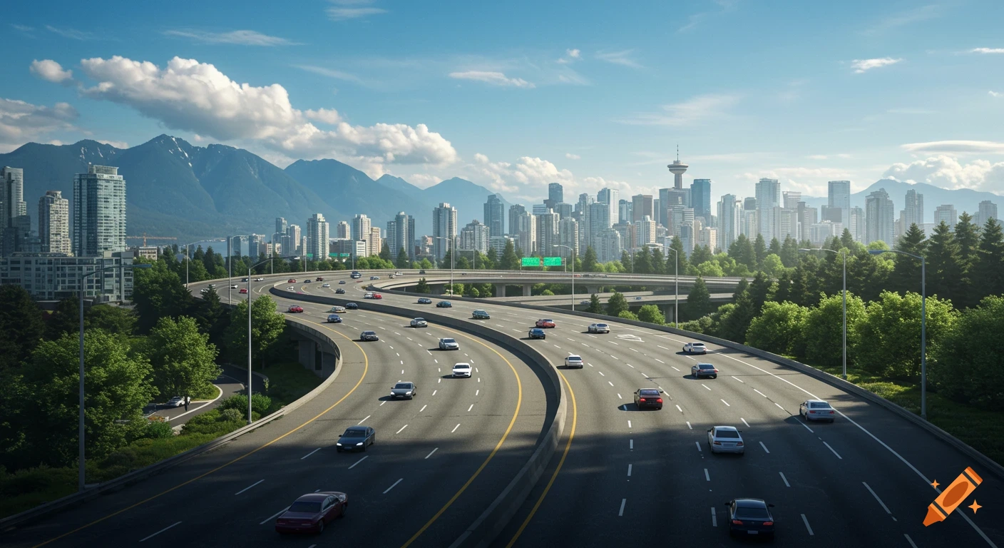 A photorealistic aerial view of a wide multi-lane highway curving through lush green trees with a modern city skyline and mountains in the background under a blue sky.