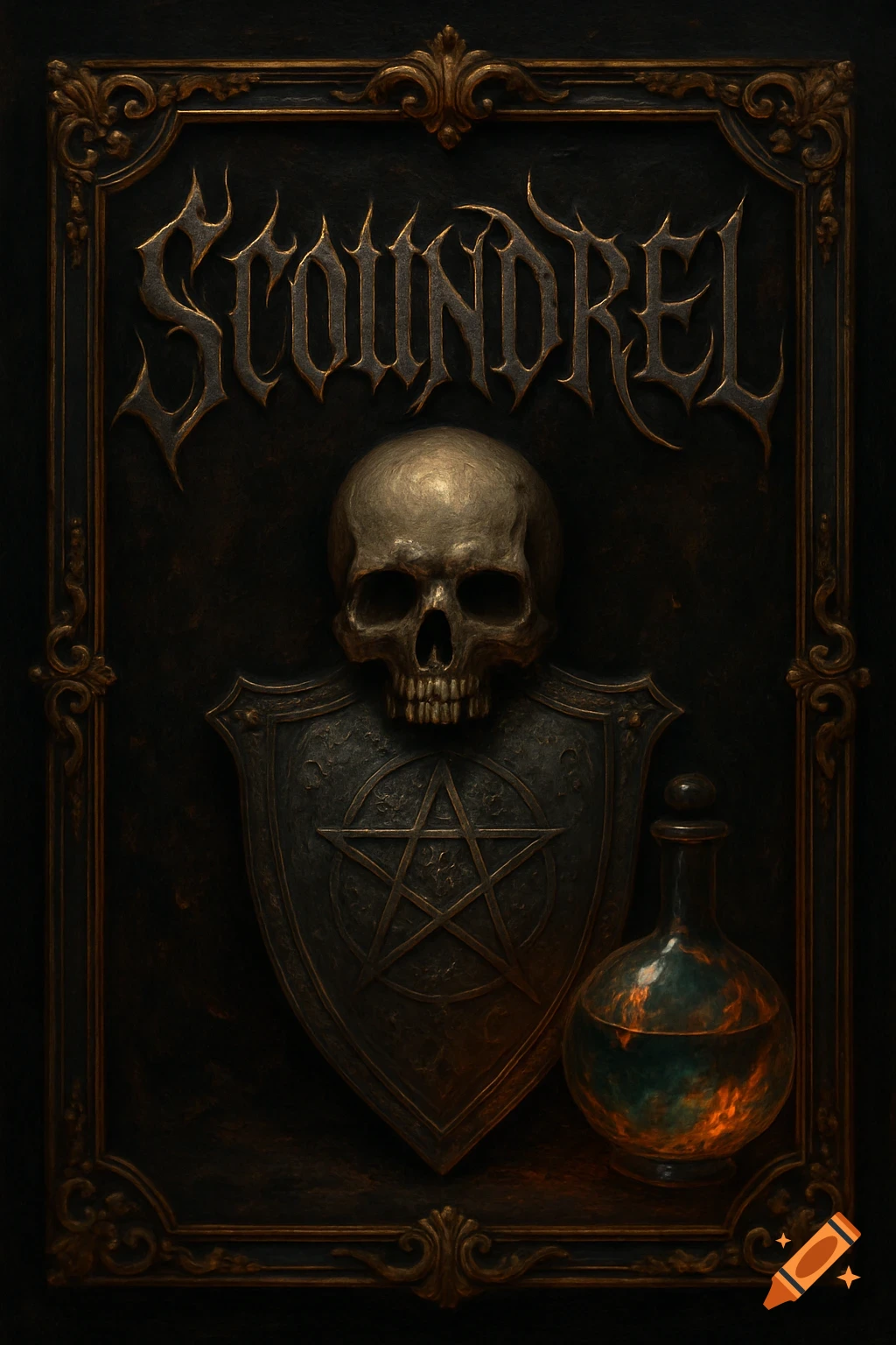 Dark fantasy artwork featuring 'SCOUNDREL' text above a skull, shield with a pentagram, and a glowing potion bottle, all within an ornate frame.
