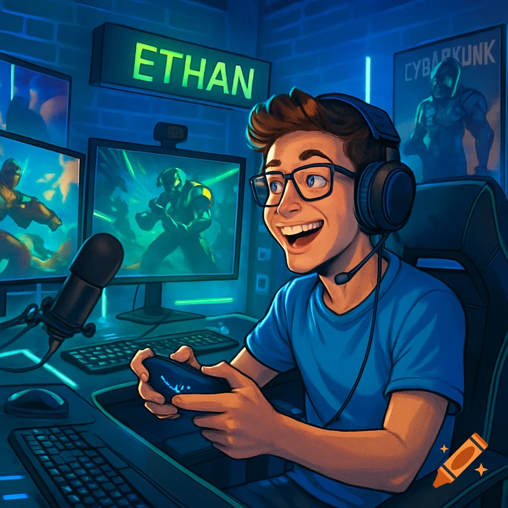 Smiling young man with glasses and headphones playing video games at a desk with two monitors and a microphone in an illustrative style.