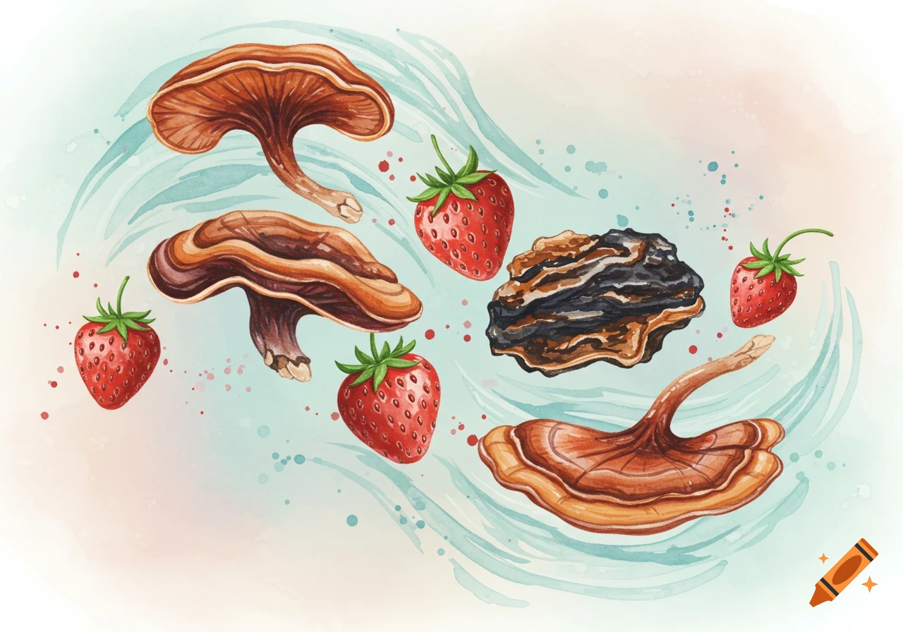 Reishi and chaga mushrooms with strawberries in a flowing watercolor illustration.