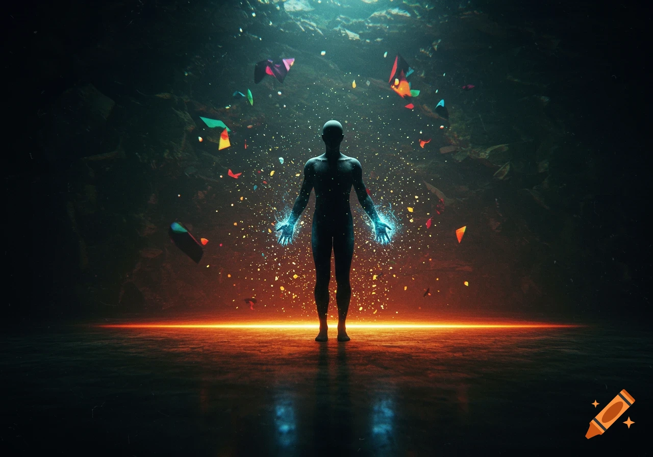 A silhouette figure with glowing hands stands amidst sparkling particles and floating geometric shapes in a dark, mystical cavern with a glowing horizon.