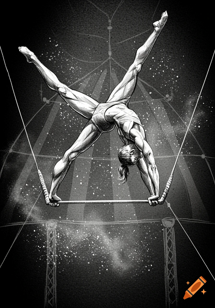 Black and white line drawing of a muscular trapeze artist performing an inverted split on a bar under spotlights.