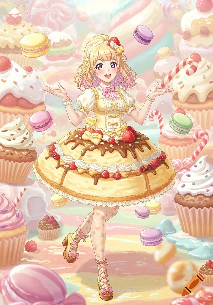 Anime girl in a cheesecake dress with strawberries and chocolate, surrounded by colorful cupcakes, macarons, and candies in a sweet fantasy setting.