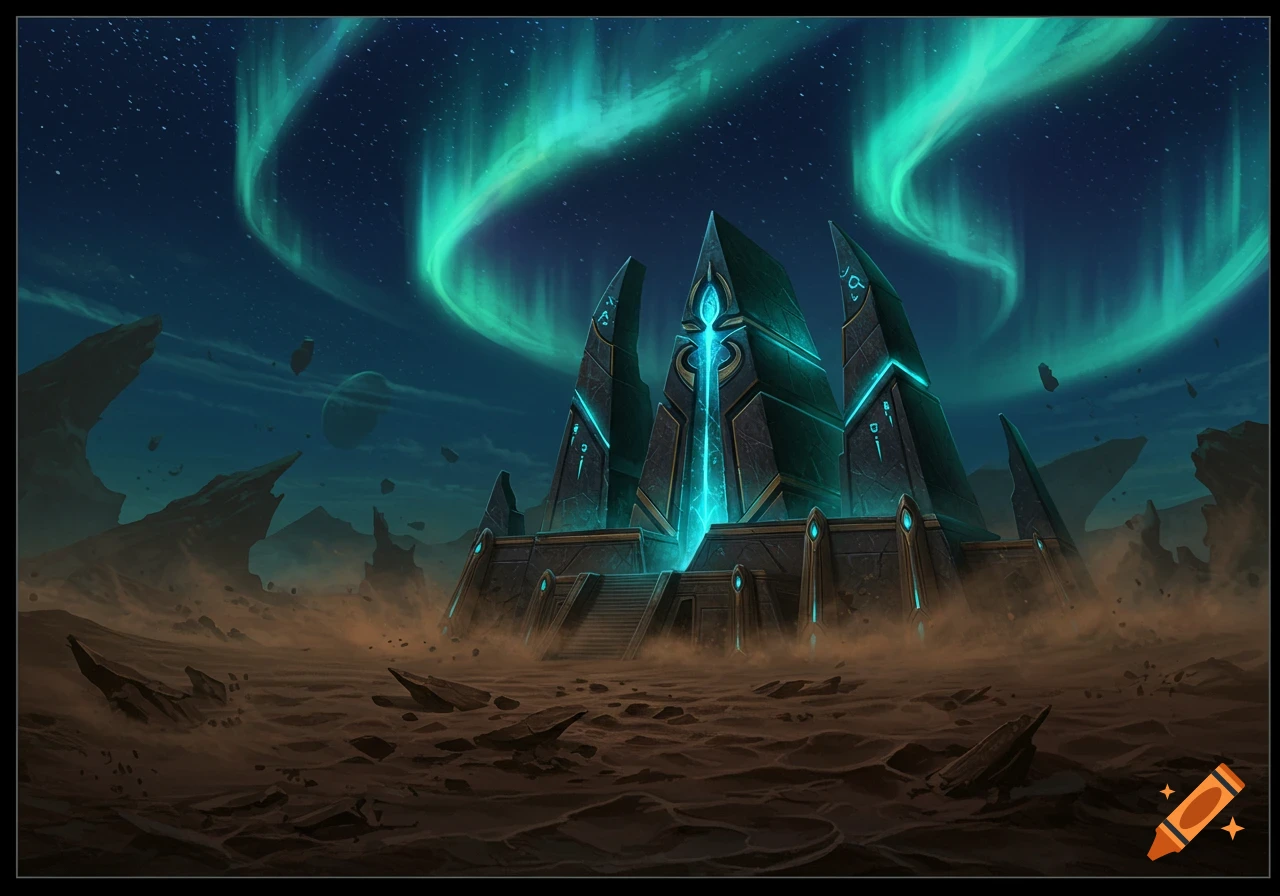 A large, glowing alien temple stands on a desolate, rocky planet under a vibrant green aurora-lit night sky.