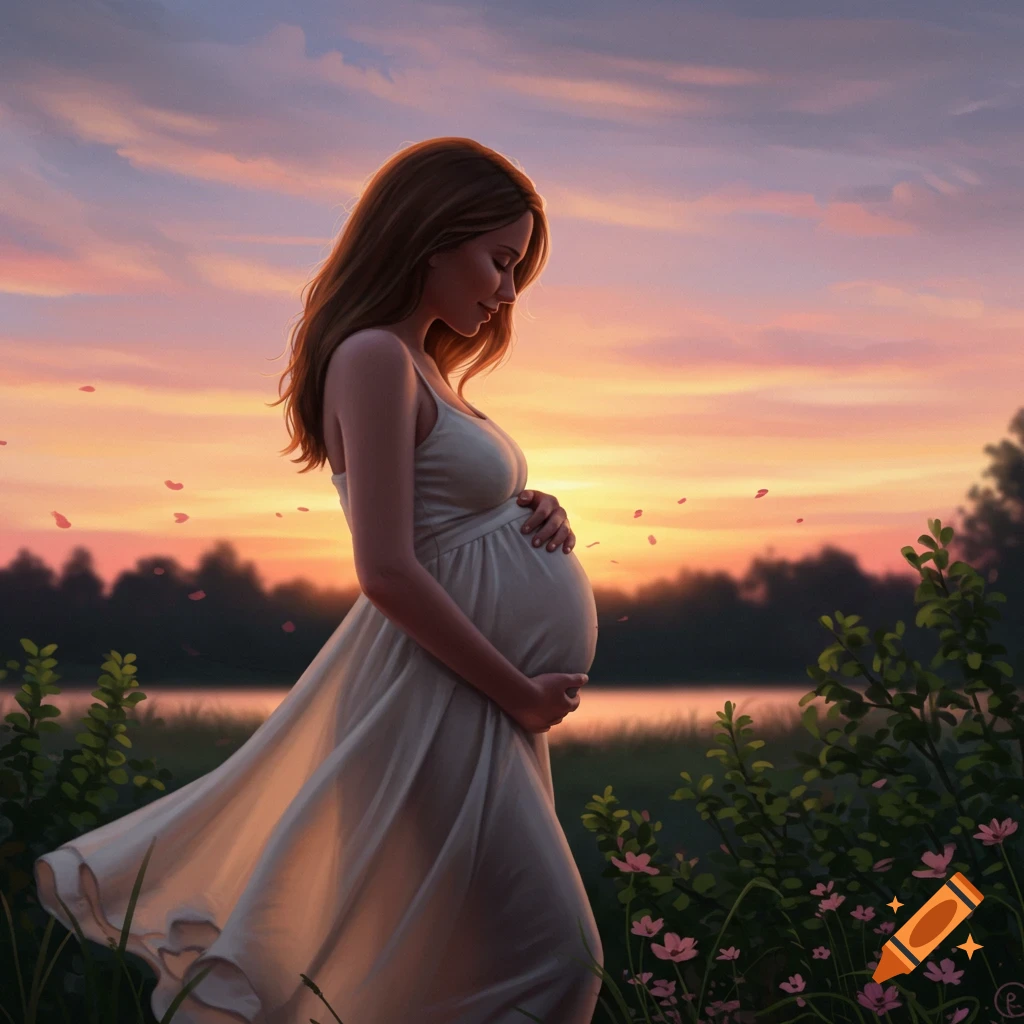 A pregnant woman in a white dress stands in a field at sunset, cradling her belly.