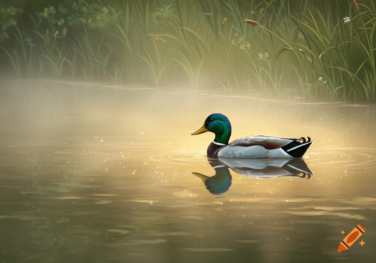 A mallard duck floats on a misty pond surrounded by green reeds.