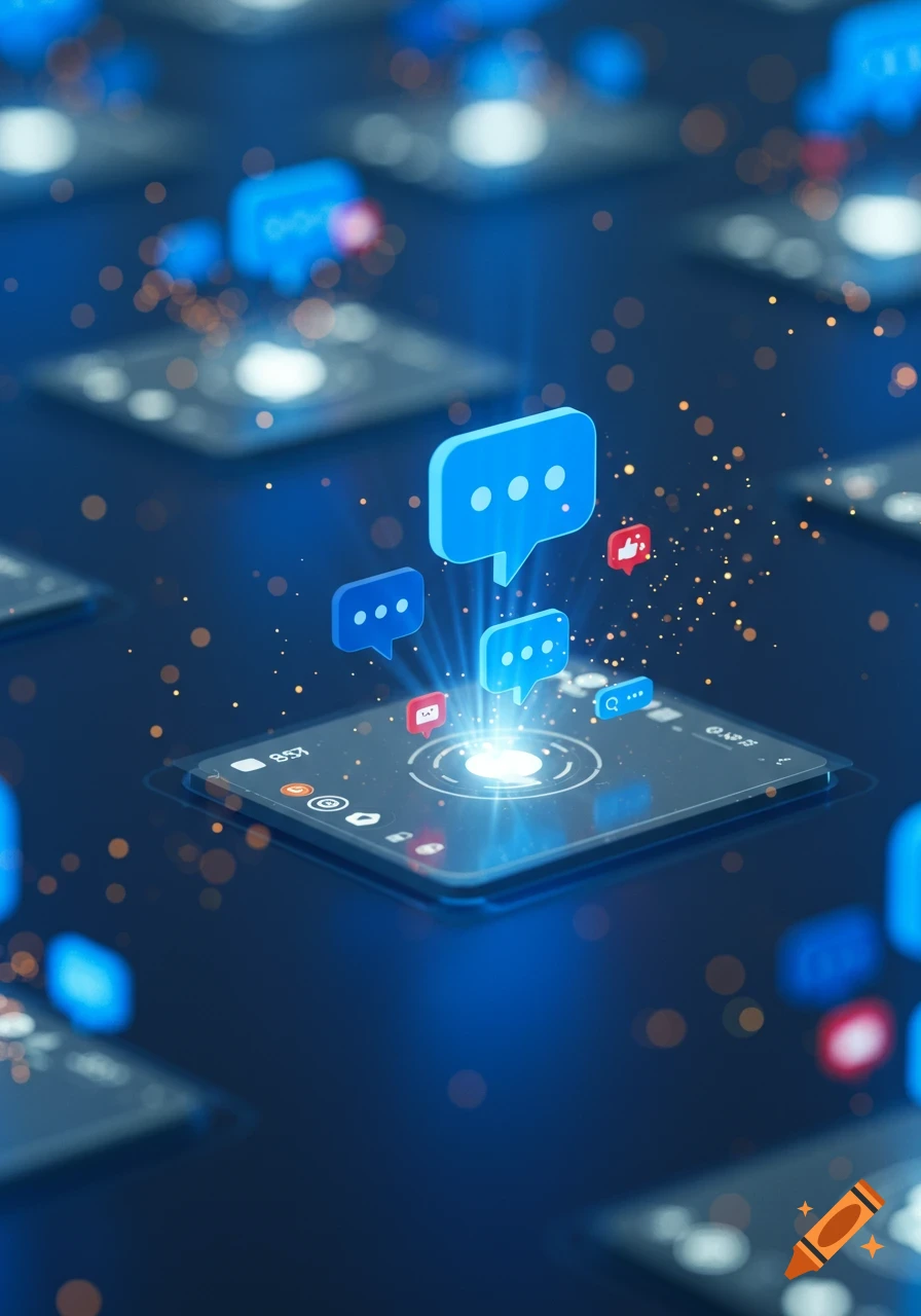 3D blue chat bubbles rising from a glowing digital platform with social media icons on a dark blue background.