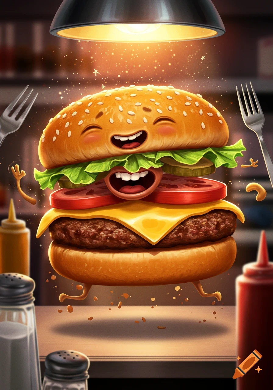 A whimsical, smiling cartoon burger floats under a warm lamp, surrounded by sparkling light in a diner scene.