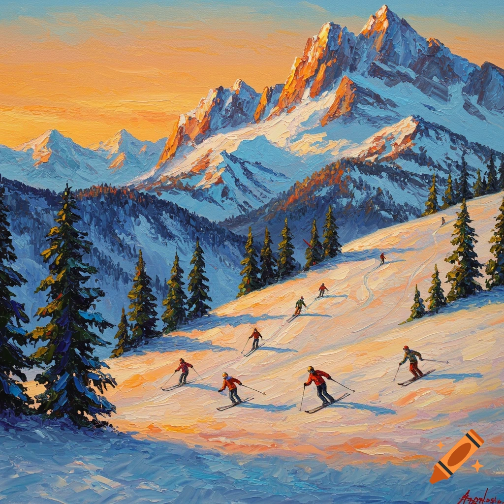 Impressionistic painting of skiers on a sunlit snowy mountain slope with vibrant orange and blue peaks.