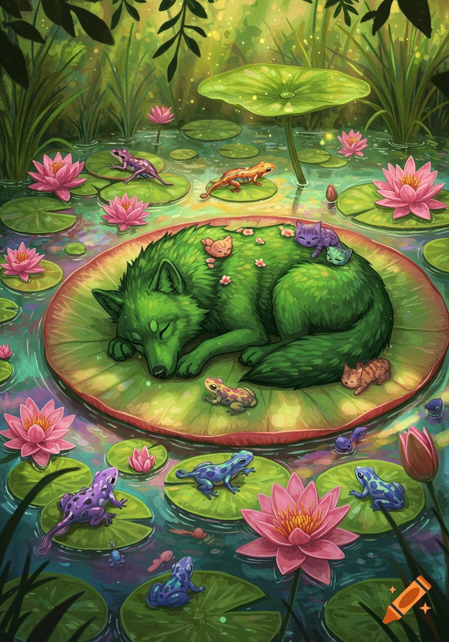 A stylized green wolf sleeps on a large lily pad in a pond with pink water lilies, surrounded by colorful frogs, salamanders, and small kittens. The pond water is a mix of colors under dappled light.