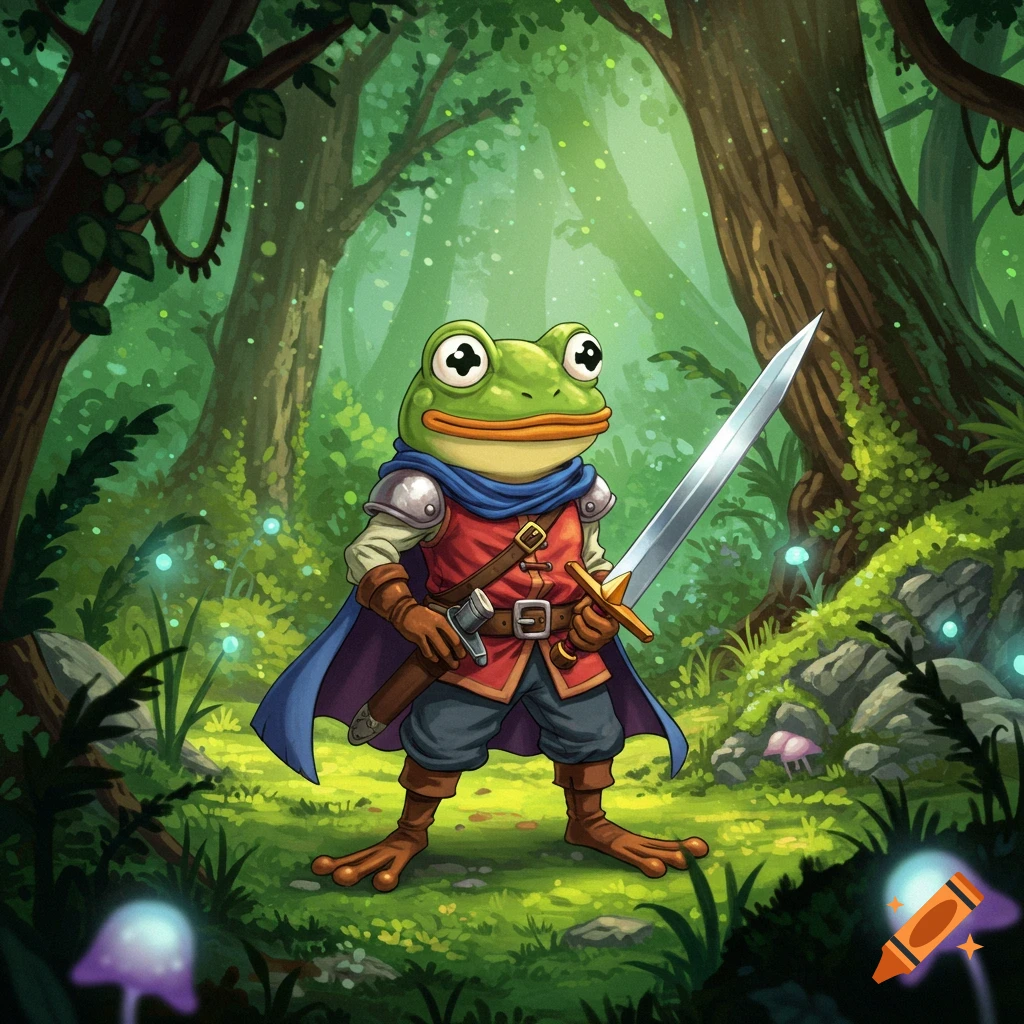 A cartoon frog adventurer in a red tunic, blue cape, and holding a sword stands in a magical forest.