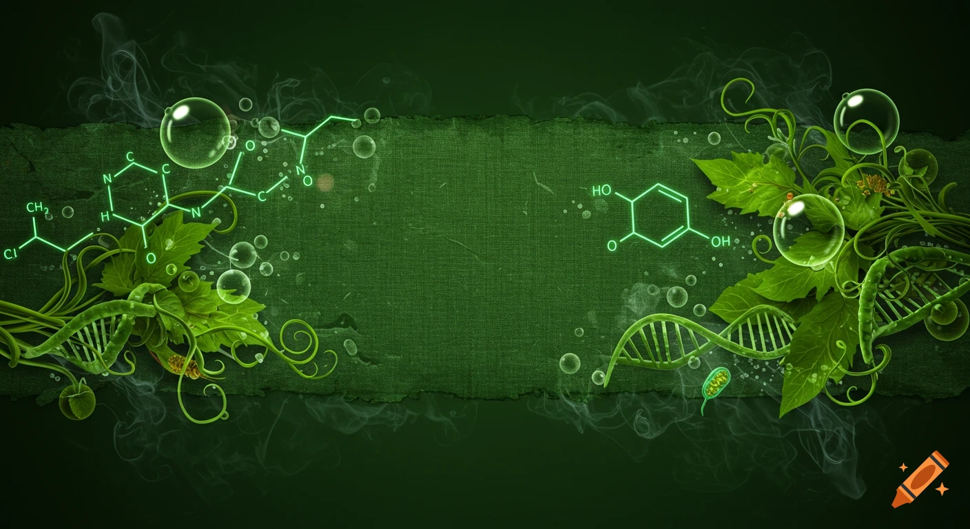 A forest green banner featuring glowing green chemical structures, DNA strands, green leaves, and transparent bubbles on a textured background with subtle smoke.
