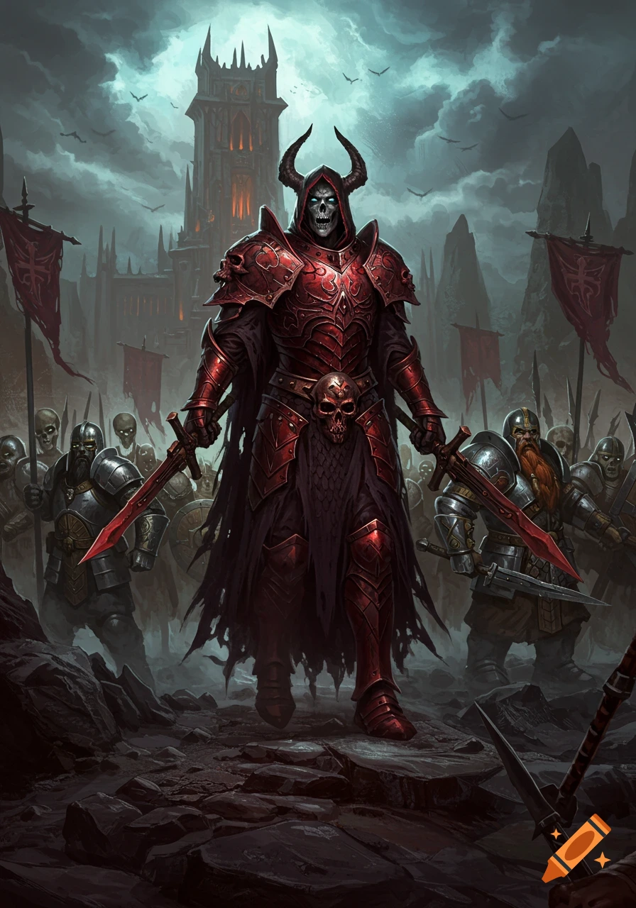 A skeletal necromancer in ornate red armor with glowing blue eyes leads an army of undead and armored warriors from a dark, foreboding castle under a stormy sky.