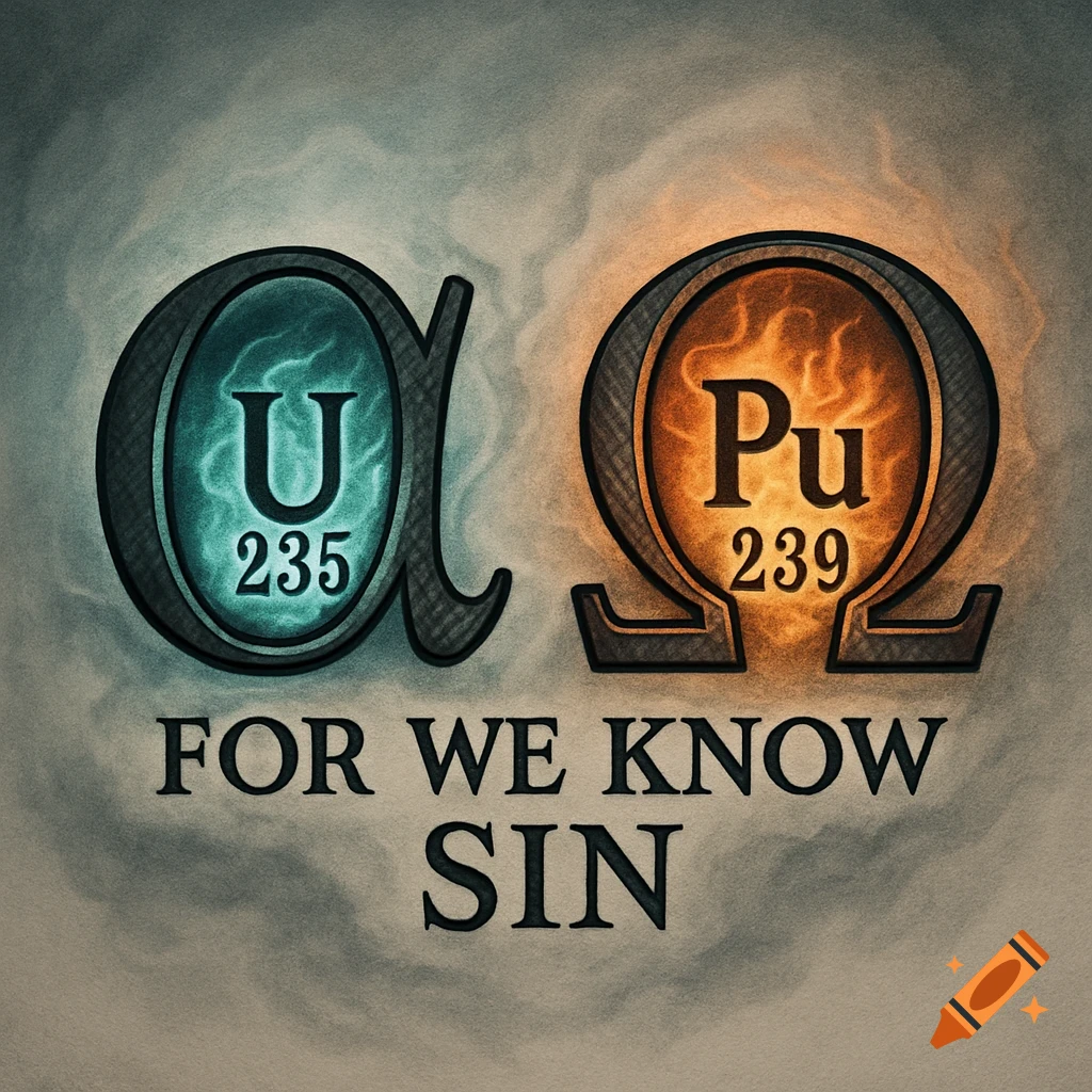 Stylized tattoo design featuring a glowing U-235 symbol inside a Greek alpha and a glowing Pu-239 symbol inside a Greek omega, with the words 'FOR WE KNOW SIN' below.