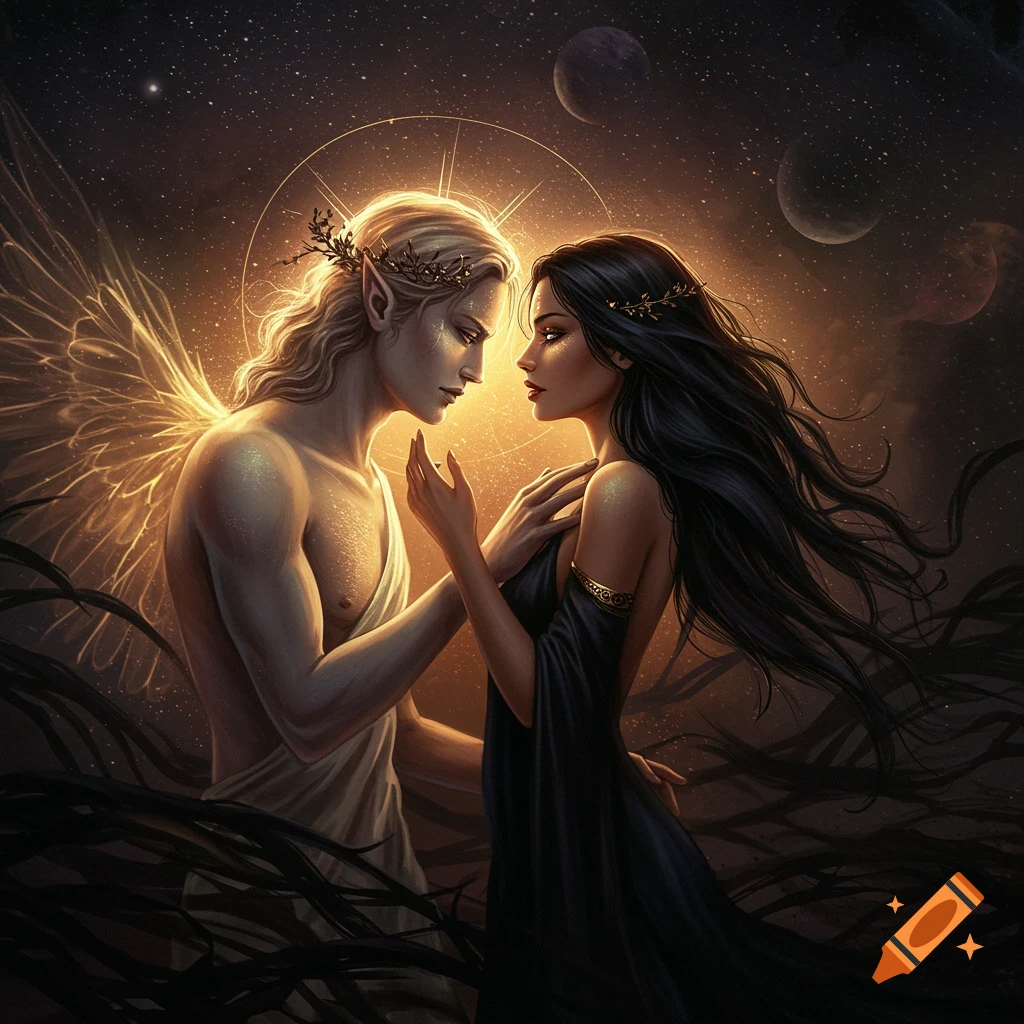 A man with glowing wings and a woman with long dark hair, both adorned with wreaths, embrace under a starry sky with planets.