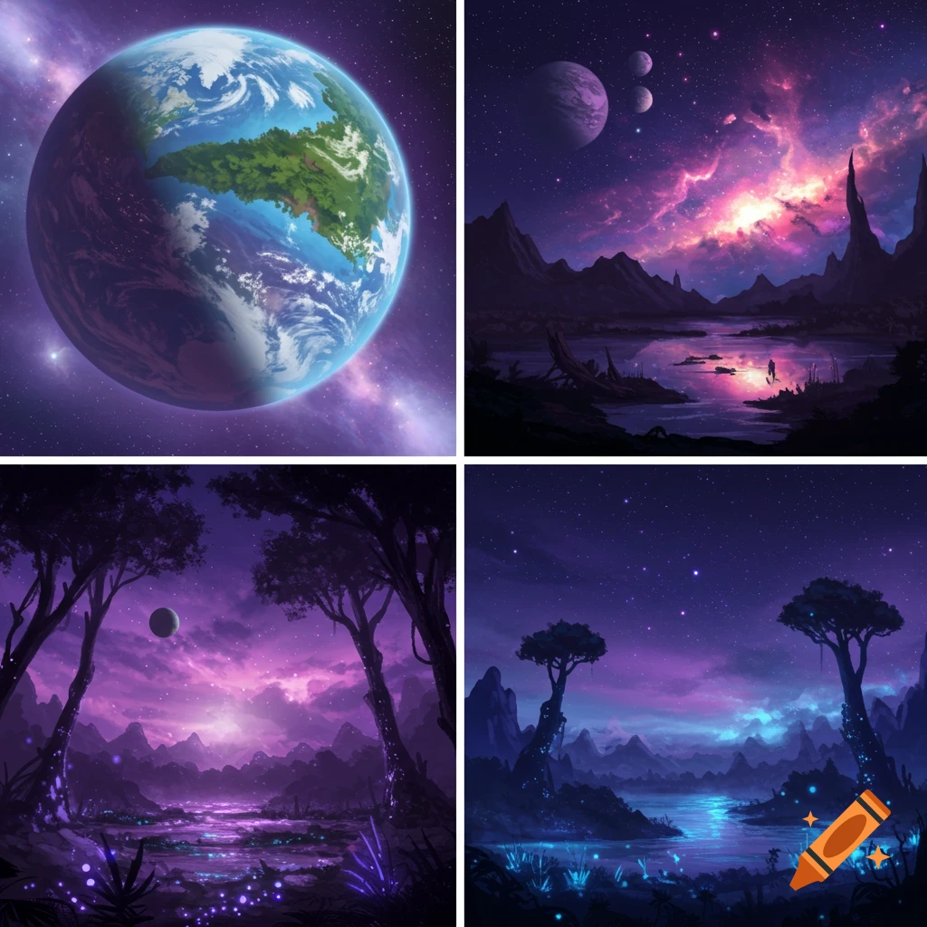 A four-panel fantasy space art grid showing an alien planet, its landscapes with bioluminescent flora and rivers during day and night.