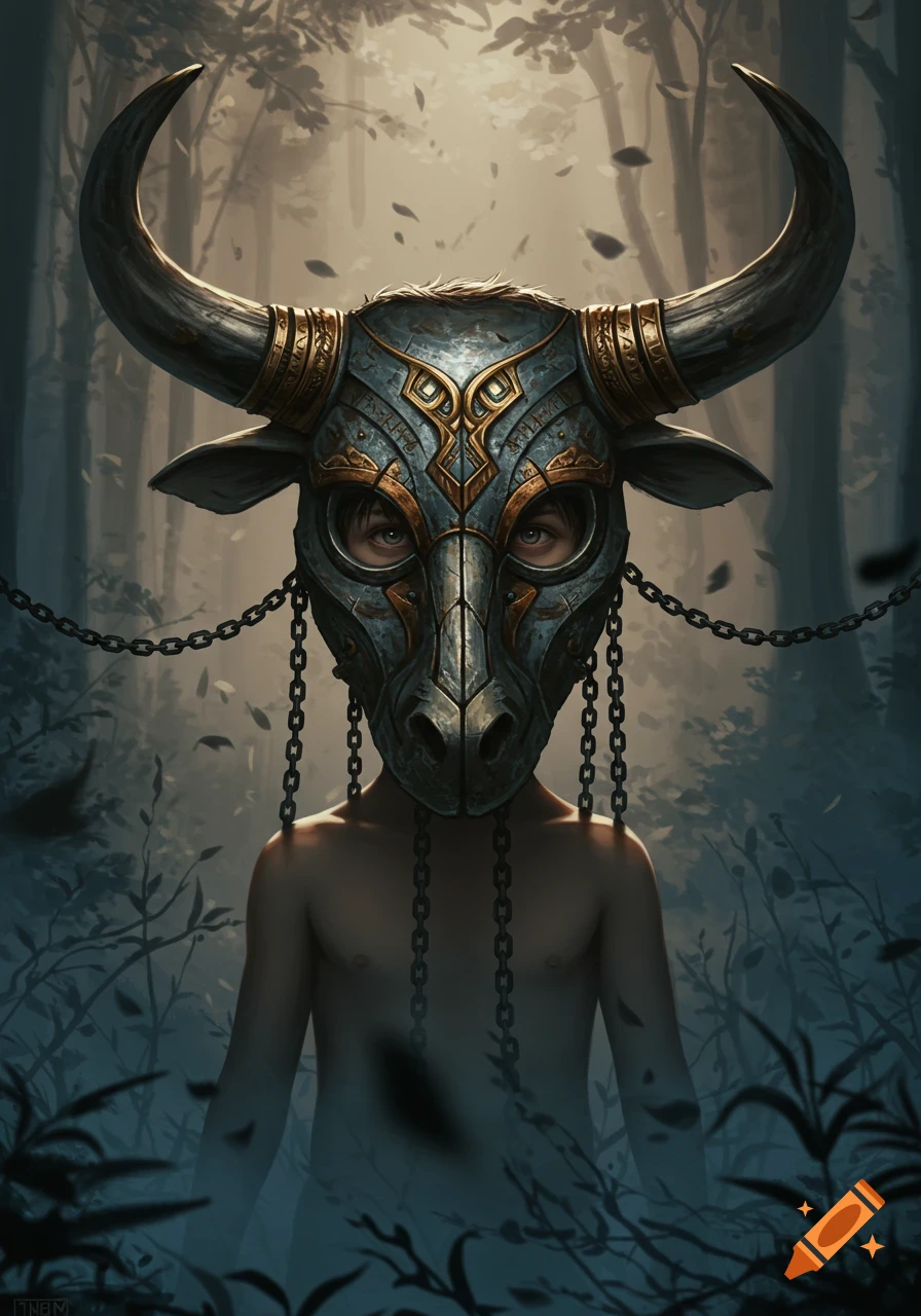 A boy wearing an elaborate, horned bull mask with chains stands in a dark, misty forest. Fantasy art.