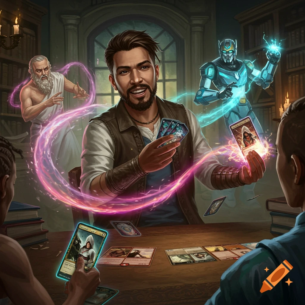 A man with a beard smiling, holding playing cards with glowing magical effects around him. Two other players are at the table, with fantastical figures like an ancient philosopher and a robot appearing behind the main player.