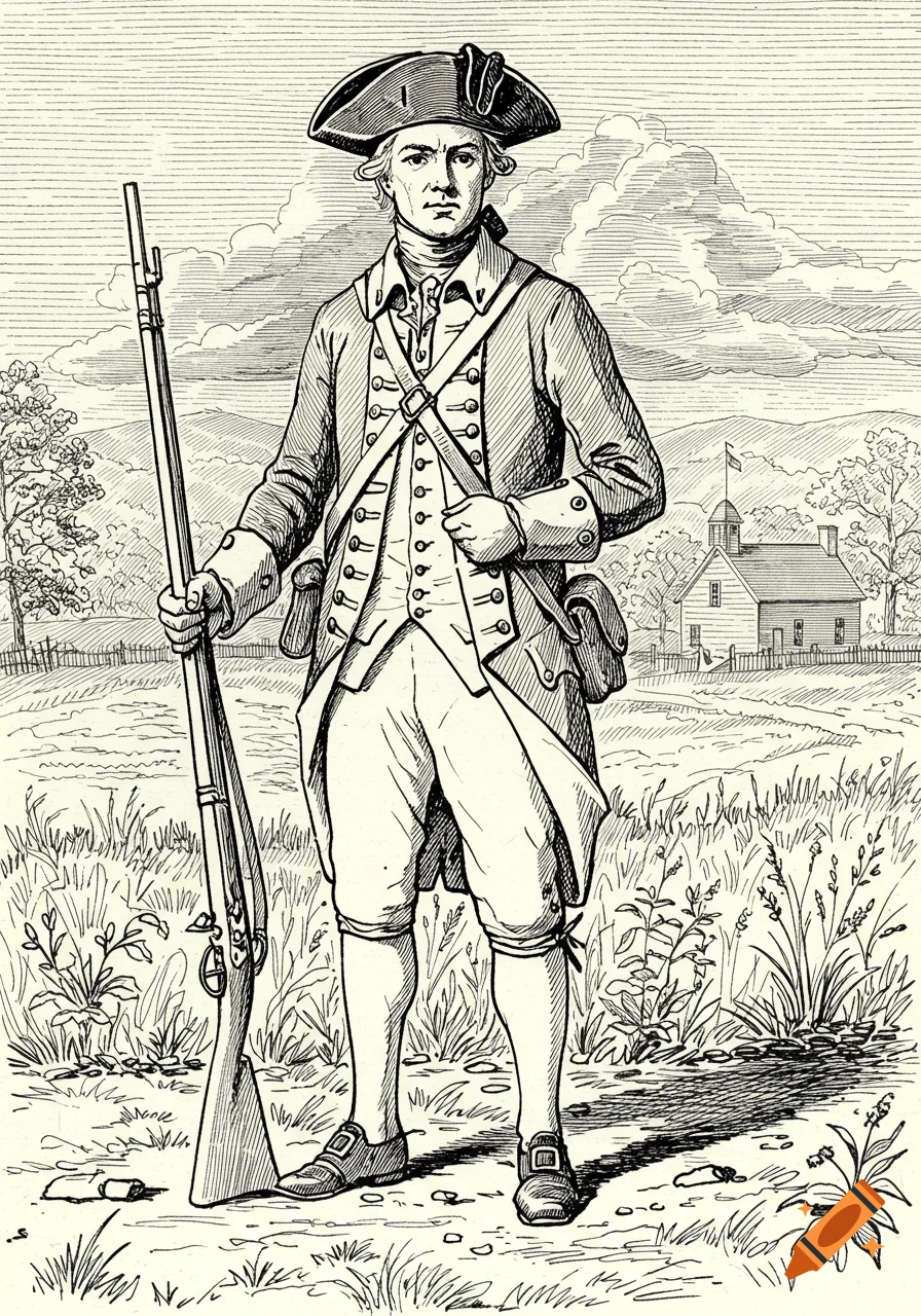 A detailed line drawing of an American colonial soldier holding a musket, standing in a field with a building and trees in the background.