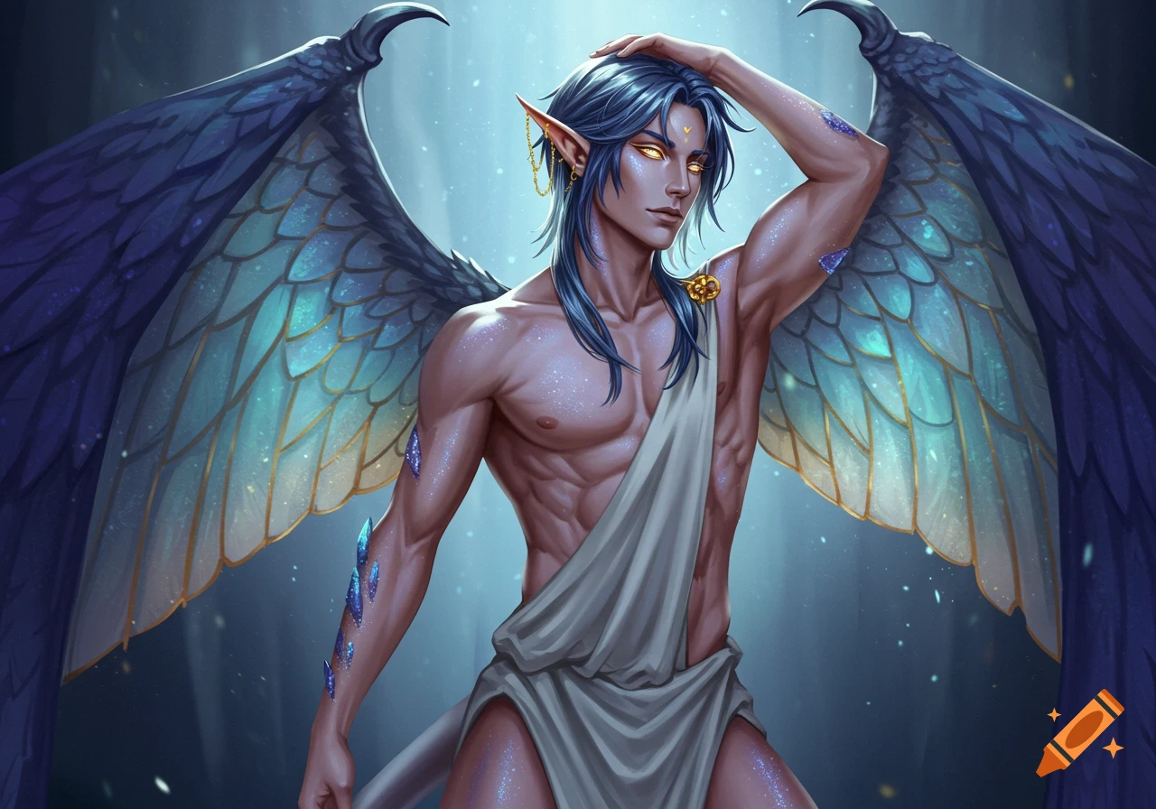A male fantasy creature with blue hair, glowing gold eyes, pointed elf ears, and large blue wings, wearing a white chiton and covered in glittery scales.