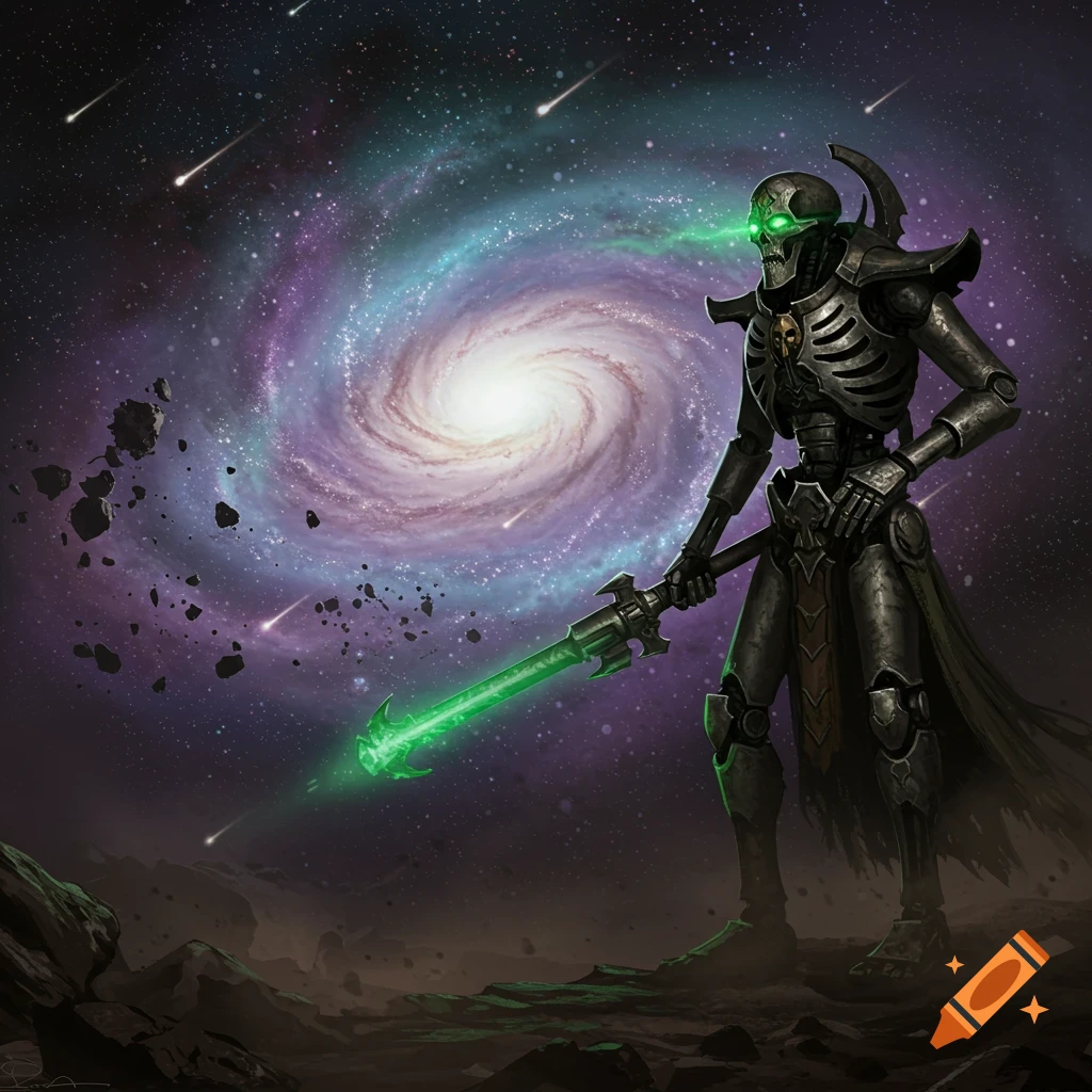 A skeletal robot warrior with glowing green eyes and sword stands on an alien planet under a swirling galaxy with shooting stars.