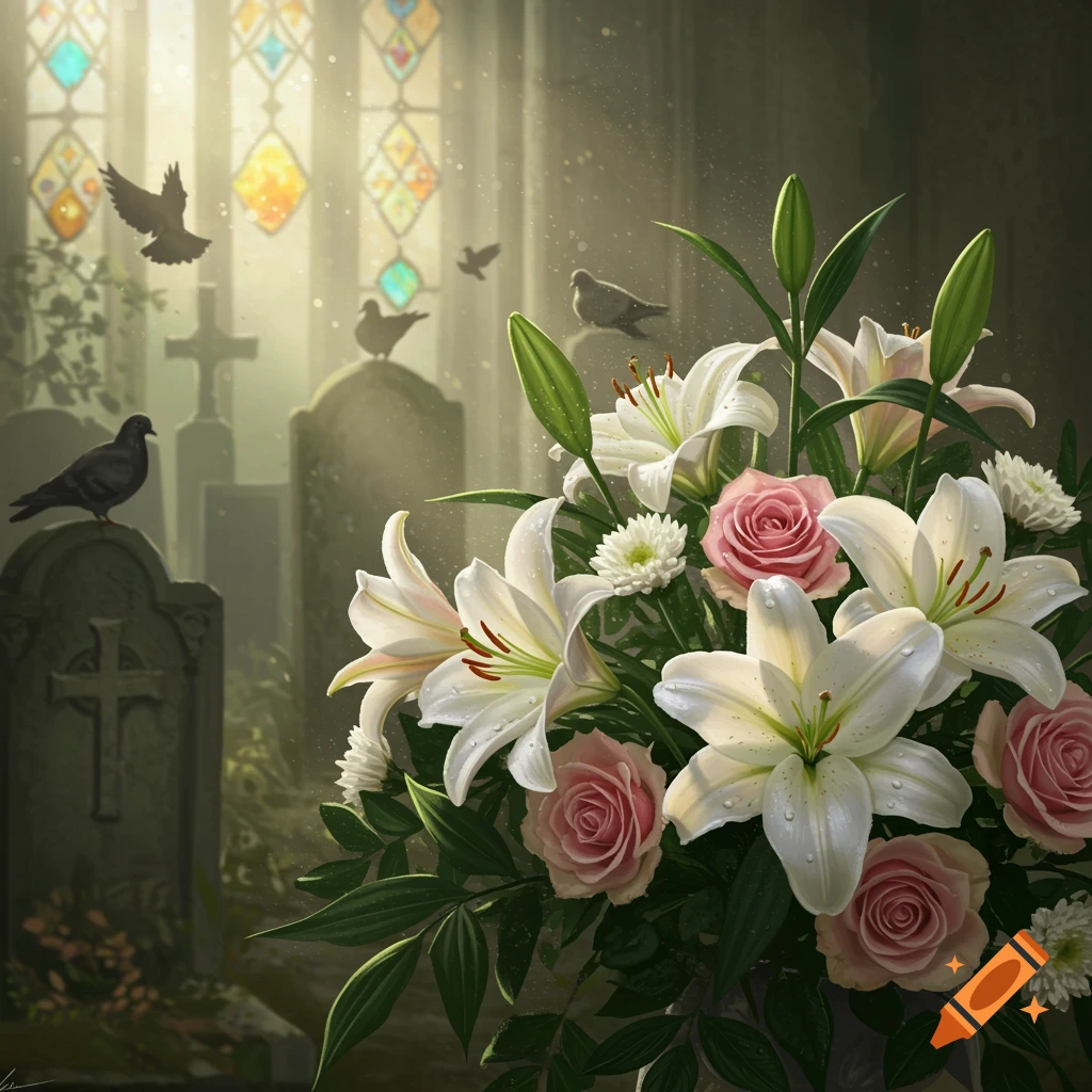 A vibrant bouquet of white lilies and pink roses in a cemetery with gravestones, pigeons, and sunlight filtering through a stained-glass window.