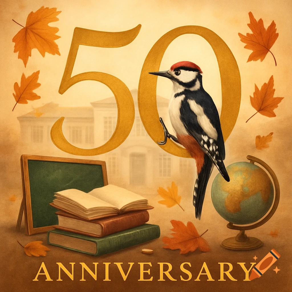 Golden '50' with a woodpecker on the '0', autumn leaves, books, a globe, and a school in background. 'ANNIVERSARY' text.