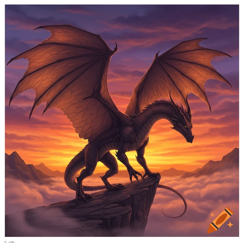 A majestic dragon with outstretched wings perches on a rocky cliff overlooking a vibrant sunset over clouds and mountains.