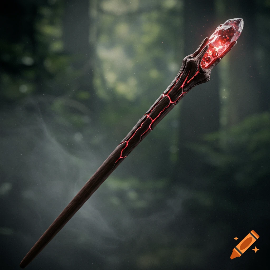 A dark wooden magic wand with glowing red cracks and a large red crystal at its tip, set against a blurry forest background.