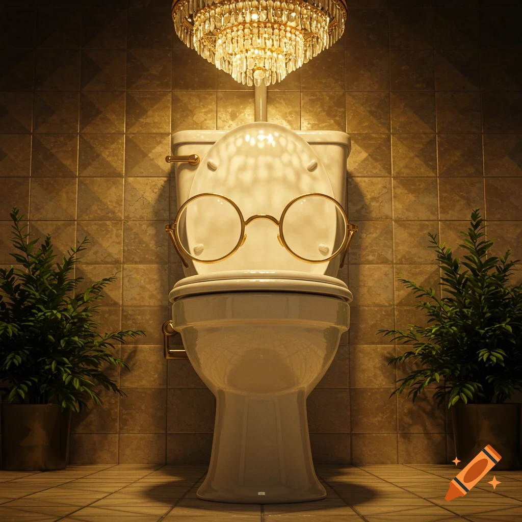 A white toilet with round gold glasses sits in a tiled room under a sparkling chandelier, flanked by green potted plants. Photorealistic style.