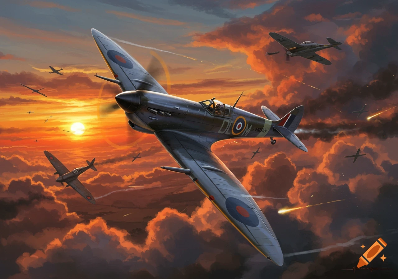 A detailed painting of a Spitfire plane flying through a vibrant orange sunset sky, engaged in a dogfight with other aircraft, with tracer fire visible.