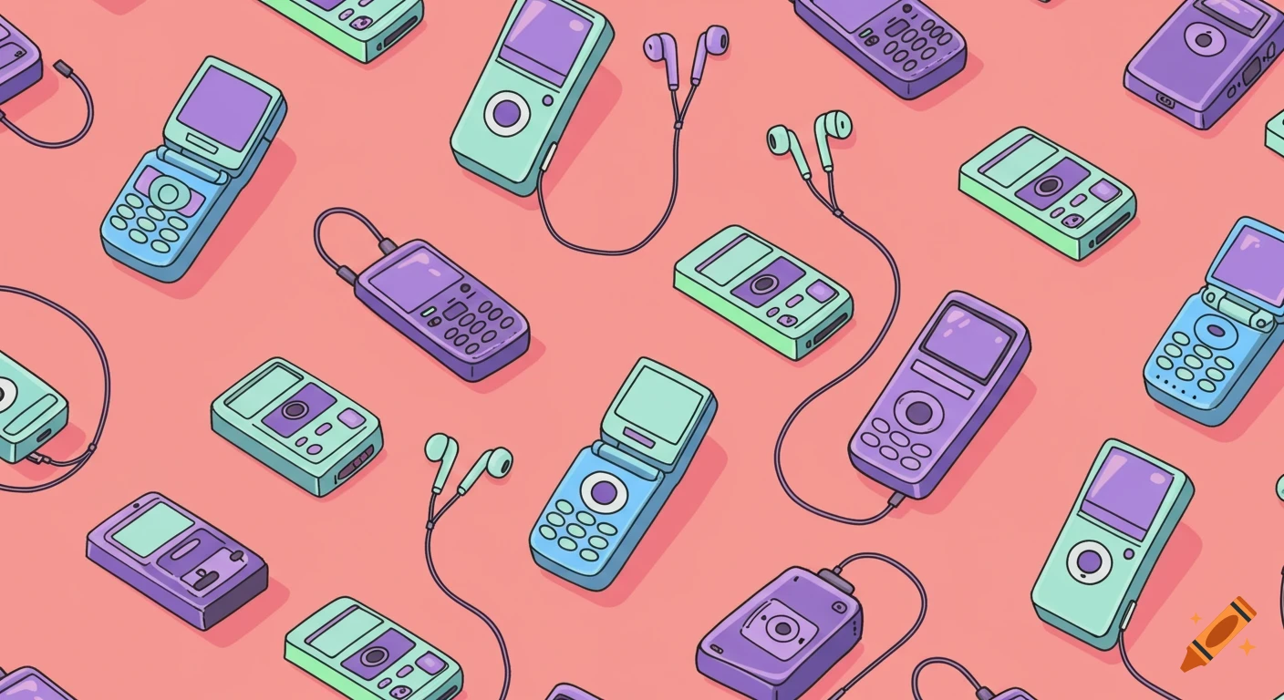 Seamless pattern of cartoon Y2K electronics including flip phones, MP3 players, and headphones in pastel colors on a pink background.