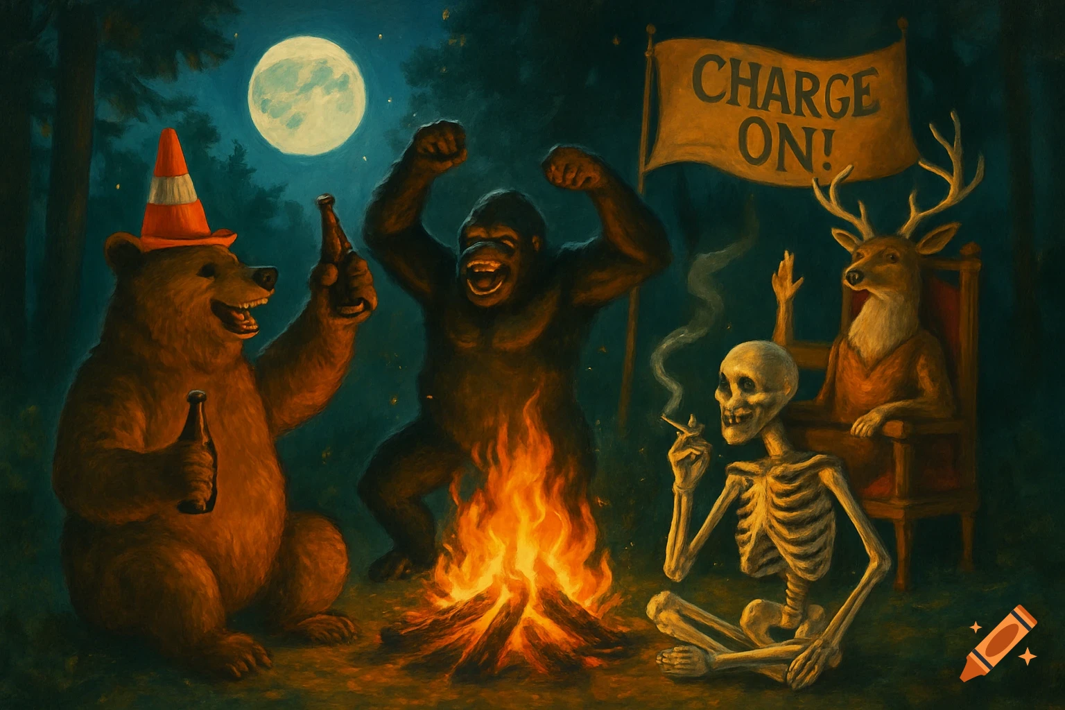 A bear with a safety cone, a gorilla, a skeleton, and a deer around a campfire at night, with a "Charge On!" banner, in a painterly style.