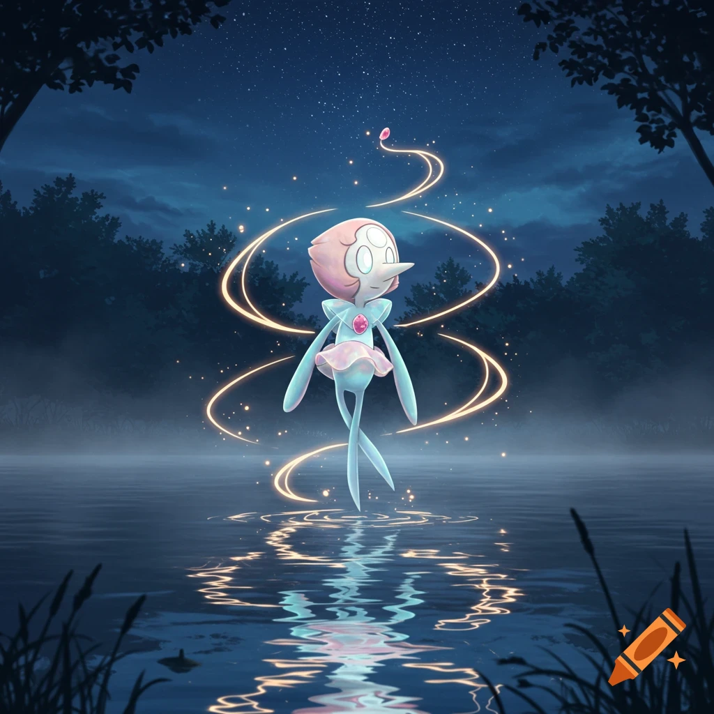 A mystical Manaphy Pokemon floats above a glowing lake at night under a starry sky, surrounded by light trails.