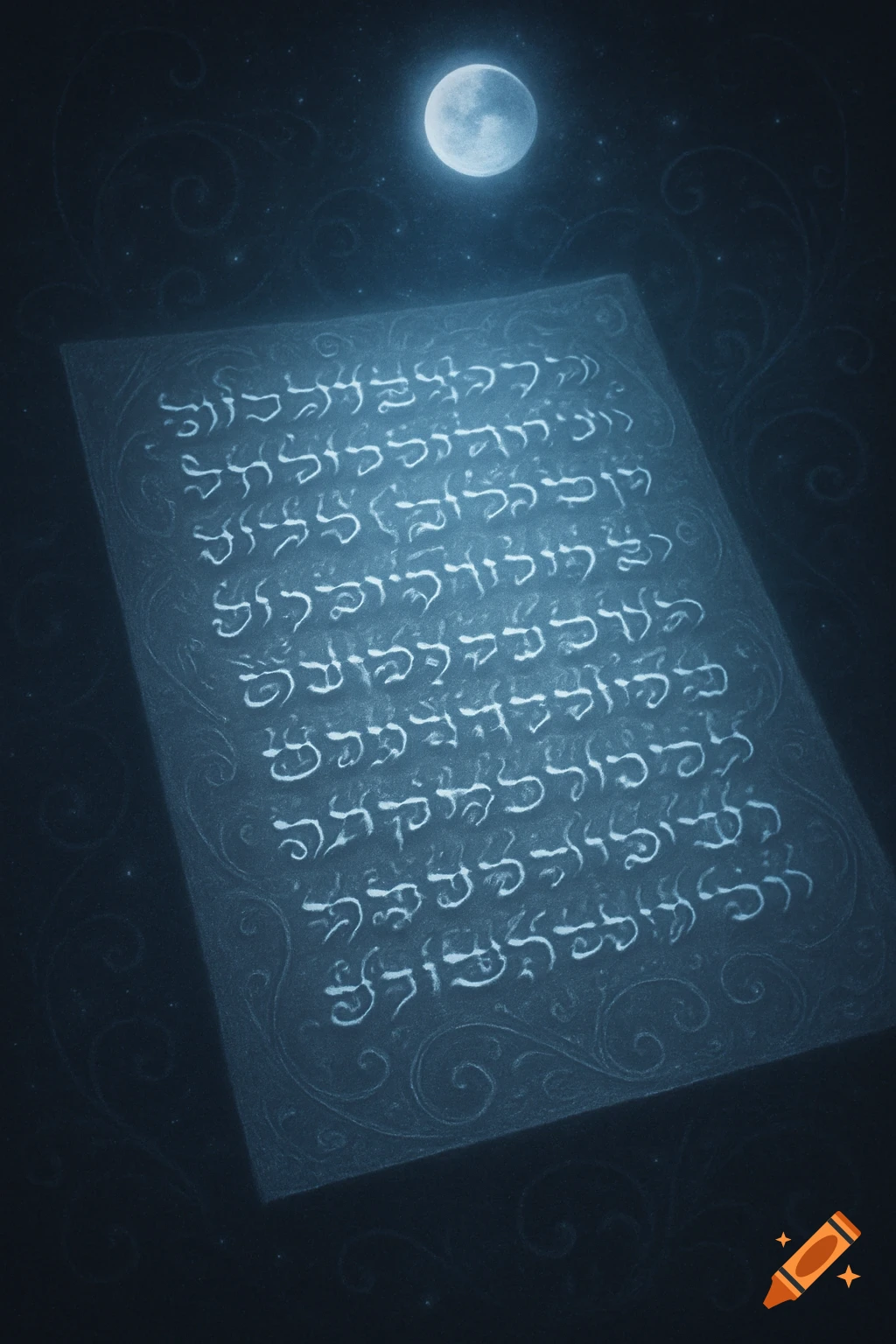 A glowing page of indecipherable, alien-like scripture under a full moon in a dark, starry night sky.