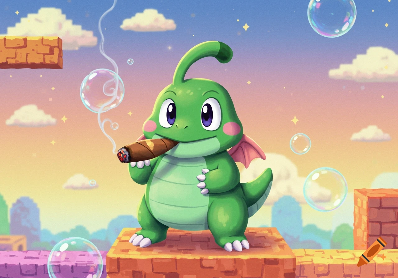 A green Bub from Bubble Bobble smoking a cigar, set in a colorful cartoon video game world with pixelated blocks and bubbles.
