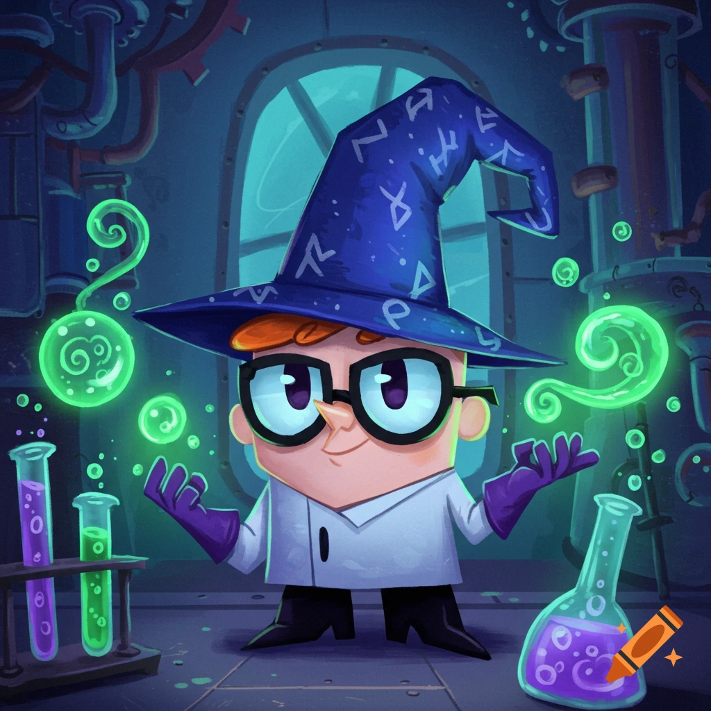 Cartoon character Dexter from Dexter's Laboratory, wearing a blue wizard hat and a white lab coat, casting green magic in a laboratory setting.
