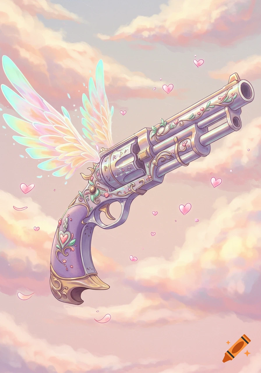 A pastel-colored, fantasy revolver with wings and floral adornments floats among pink clouds and hearts.