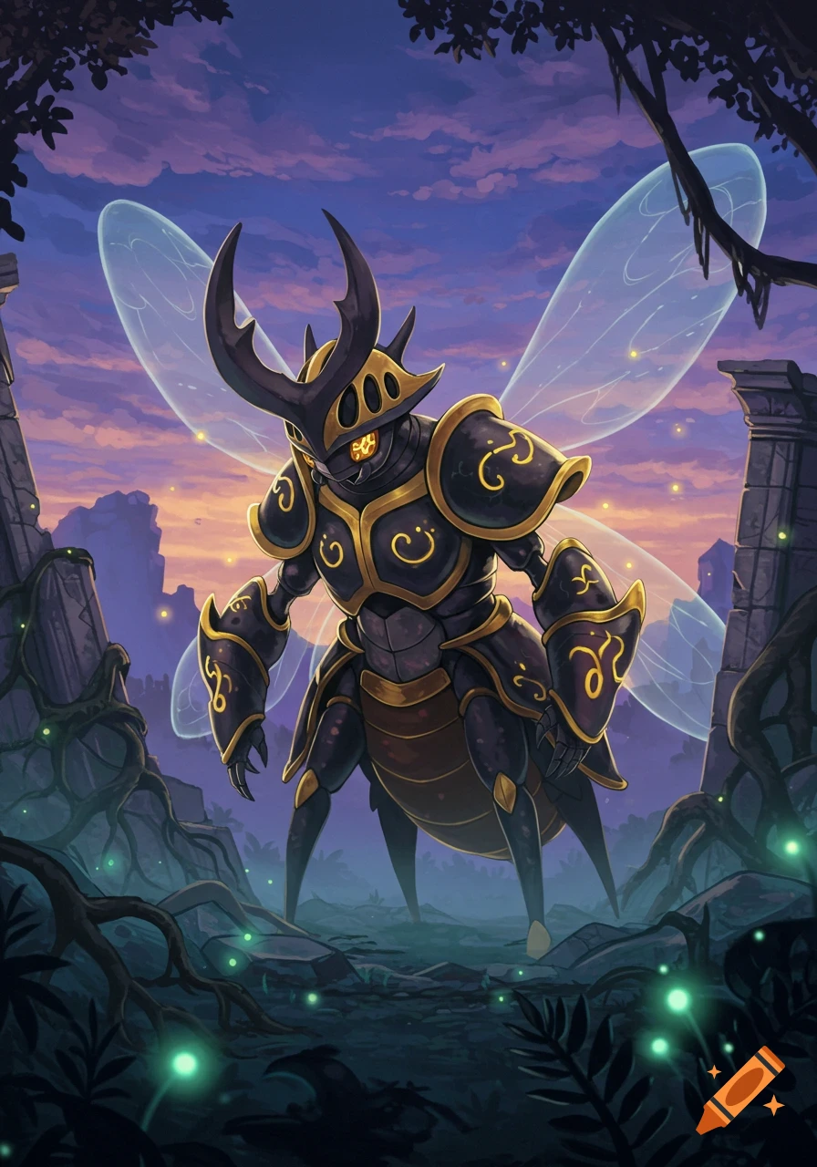 A majestic, armored beetle-like creature with glowing eyes and transparent wings stands in ancient ruins at sunset.