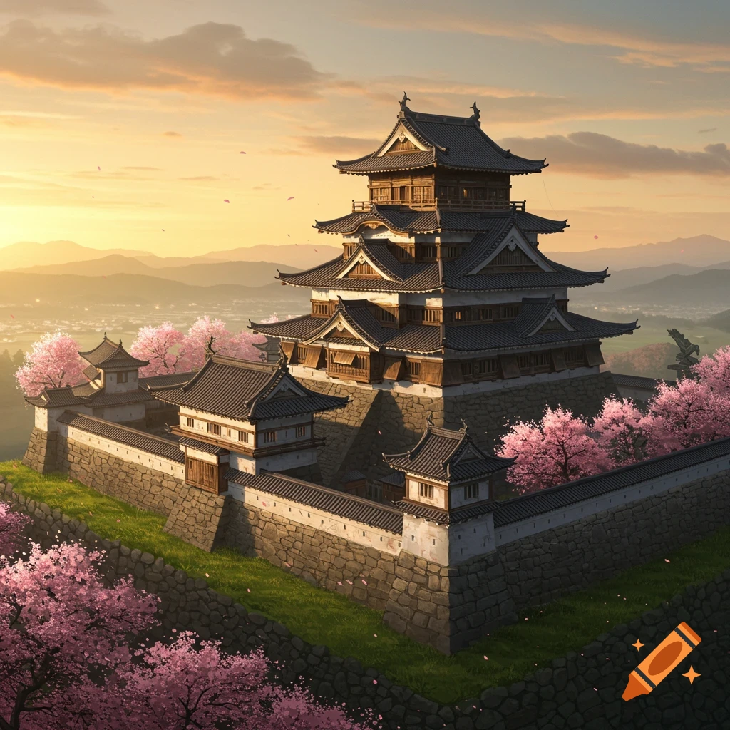 A grand Japanese castle with a large stone wall and pink cherry blossom trees at sunset, with mountains in the background.